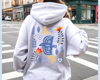 Cottagecore Bird Hoodie Folk Art Hoodie Women Bird Lover Sweatshirt Botanical Hoodie Nature Lover Gift Aesthetic Hoodie Bird Gift Her