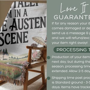 May include: A throw blanket with the text "I'M IN A JANE AUSTEN SCENE" draped over a wooden rocking chair. The blanket has a pastoral illustration and a fringed edge. The blanket is made of woven material.