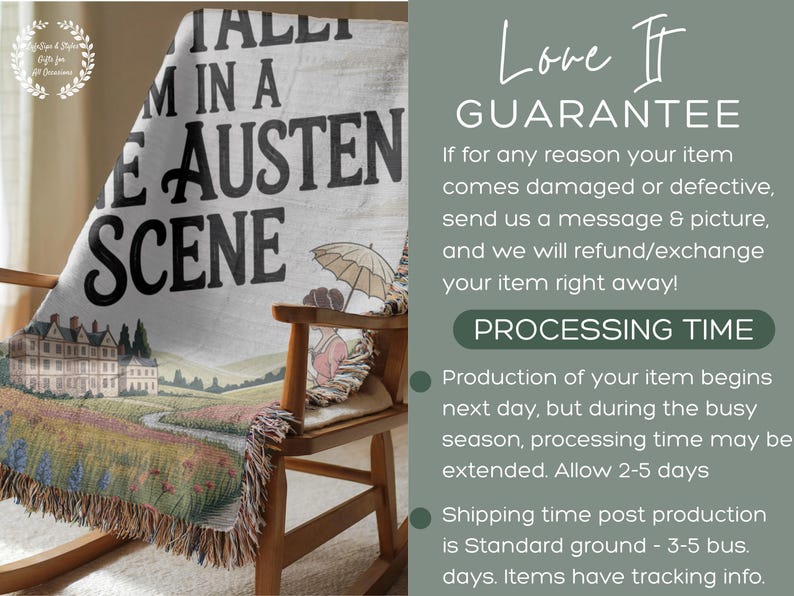 May include: A throw blanket with the text "I'M IN A JANE AUSTEN SCENE" draped over a wooden rocking chair. The blanket has a pastoral illustration and a fringed edge. The blanket is made of woven material.
