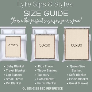 May include: Size guide for blankets and throws, showing three beds with different sized blankets: 37x52 inches (94x132 cm), 50x60 inches (127x152 cm), and 60x80 inches (152x203 cm). Text lists blanket types, including baby, travel, and queen size.