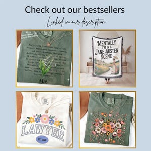 May include: A promotional image featuring four items: a green t-shirt with a floral design, a white t-shirt with "LAWYER" text, a blanket with "MENTALLY I'M IN A JANE AUSTEN SCENE" text, and a green t-shirt with text about the Lily of the Valley flower. Each item is styled with a necklace.