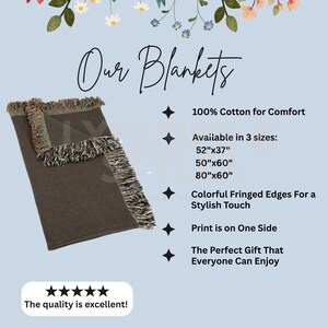 May include: A brown cotton blanket with fringed edges. Available in three sizes: 132cm x 94cm, 127cm x 152cm, and 203cm x 152cm. The text "Our Blankets" is displayed at the top. The quality is excellent!