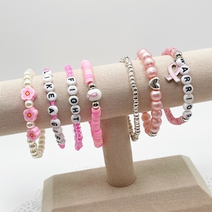 Breast Cancer Awareness Bracelets - She’s A Fighter Collection - Pink Beaded Bracelets for Women