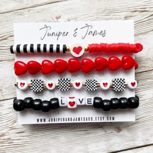 Valentine’s Bracelet Stack, Red and Black Heart Bracelets, Beaded Love Themed Bracelets, Friendship Bracelets