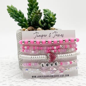 Sweetheart Bracelet Stack, Pink and White Heart Bracelets, Beaded Love Themed Bracelets