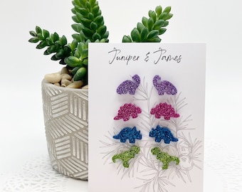 Dinosaur Stud Earrings, Multi-Colored Glitter, Set of Four