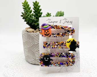 Halloween Glitter Hair Barrettes | Ghost, Pumpkin, Haunted House Designs | Spooky Resin Hair Clips for Halloween | Fun Costume Accessories