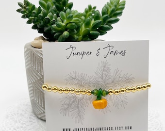 Pumpkin Charm Bracelet with Gold Beads and Glass Bead Accents - Festive Fall Jewelry