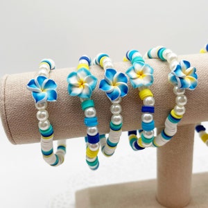 Tropical Flower Beaded Bracelets, Blue, Teal, Yellow Preppy Bracelet, Heishi Friendship Bracelet
