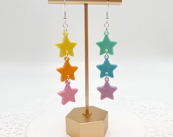 Pastel Rainbow Star Dangle Earrings, Sparkly Pastel Rainbow, Resin Jewelry