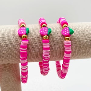 Pink Strawberry Beaded Bracelet – Handmade Stretch Bracelet with Polymer Clay Beads