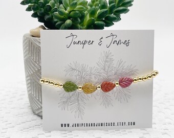 Colorful Leaf Bracelet with Gold Beads - Autumn-Inspired Beaded Bracelet
