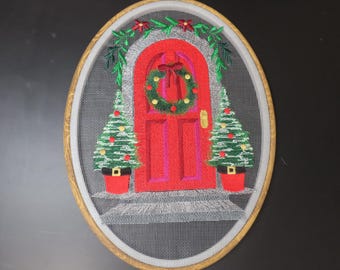 A Great Christmas Gift. One of a kind embroidered screened-framed  Christmas door wall decor