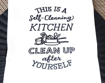 A Great Christmas Gift. Large striped Eco-friendly Kitchen Towel with Machine Embroidery-Vintage Style