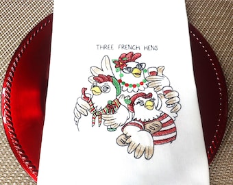 A Great Christmas Gift. Large 100% natural sustainable cotton machine embroidered kitchen towel with holiday motif.