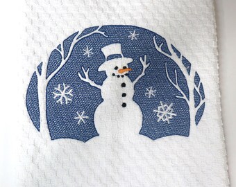 Christmas will be here before you know it. Here is a 3D embossed Snowman embroidered on a waffle textured kitchen towel.