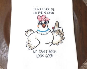 A Great Christmas Gift. Large striped Eco-friendly Kitchen Towel with Machine Embroidery-Vintage Style
