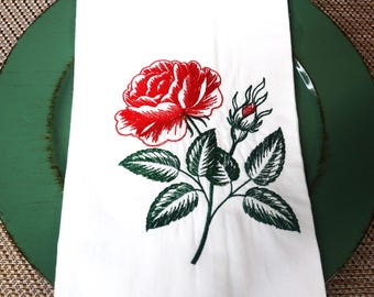 A Great Christmas Gift. Large 100% natural cotton machine embroidrered kitchen towel with a single rose motif.