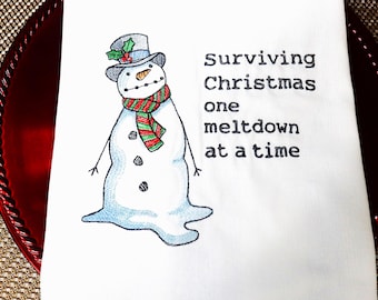 A great Christmas gift. Large striped Eco-friendly Kitchen Towel- vintage with Machine Embroidery. Mr. Snowman for Christmas. Buy now!