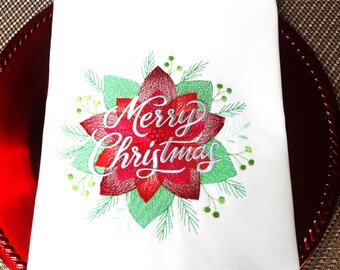 A Great Christmas Gift. Large Merry Christmas Poinsettia Motif machine embroidered kitchen towel