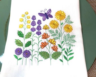 A Great Christmas Gift. Large 100% Sustainable cotton machine embroidered kitchen towel with floral motif.