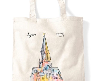 Sac fourre-tout coloré, imprimé avec un dessin unique d'une église de Lyon.