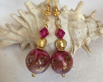 Genuine Venetian Murano Fuschia with Gold and Pink Swirls Foil Glass and Gold Foil Glass and Swarovski Crystal on Vermeil dangling Earrings