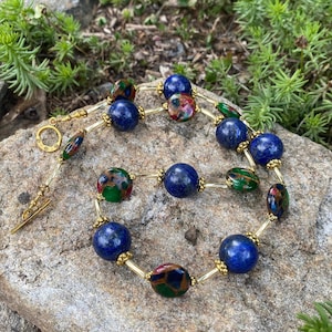 Lapis Lazuli Stones With Ruby Jade Lapis Brown Stone Compound Coins On Antiqued Gold Short Necklace