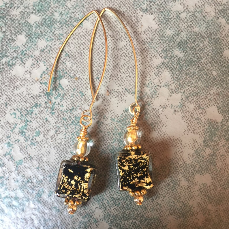 Genuine Ca d/'Oro Murano Gold and Black Square Glass Beads with Vermeil Beads on Marquise Ear Wires 3 long Dangling Earrings