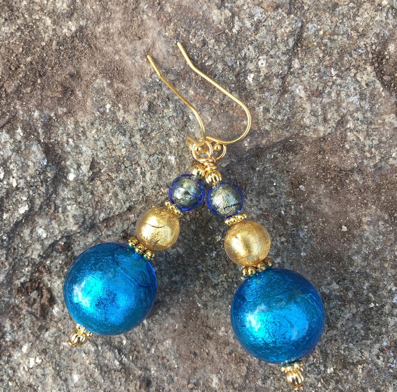 Genuine Gold and Turquoise Murano Aqua White Gold Foil Round Glass with  Gold Murano Glass on Vermeil Dangling Earrings