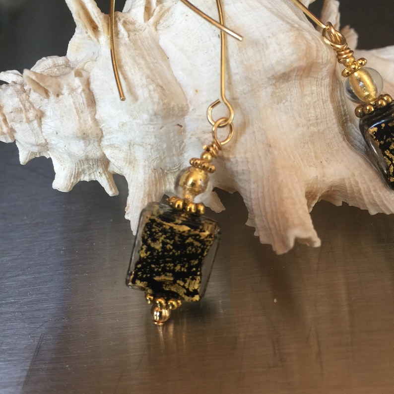 Genuine Ca d/'Oro Murano Gold and Black Square Glass Beads with Vermeil Beads on Marquise Ear Wires 3 long Dangling Earrings
