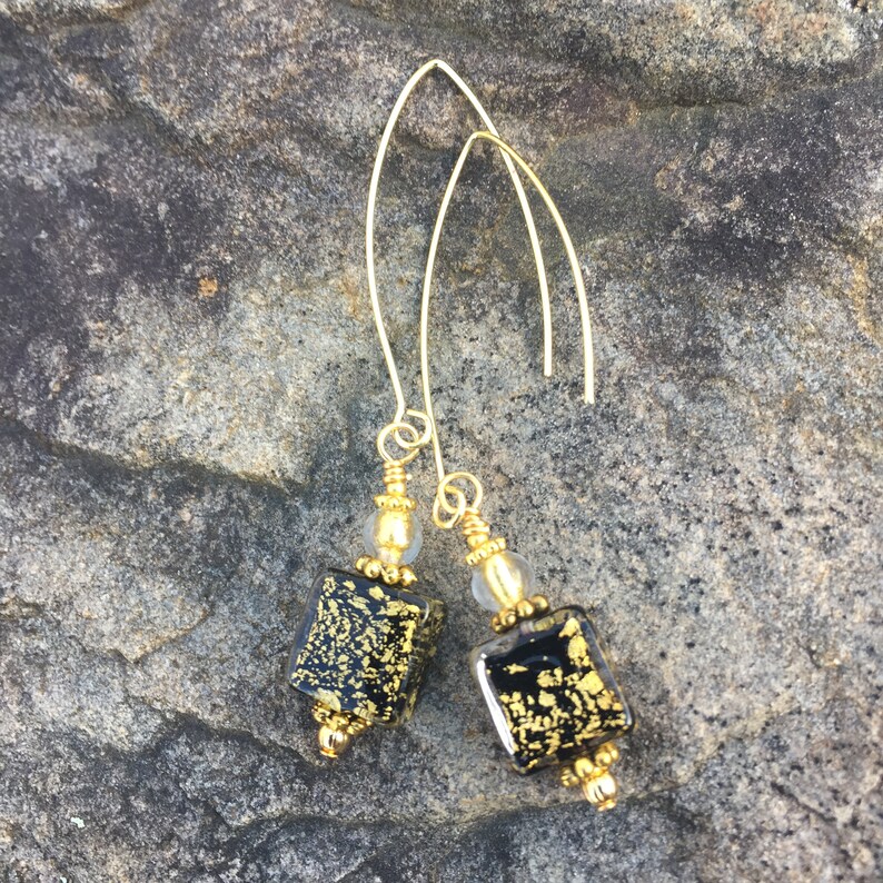 Genuine Ca d/'Oro Murano Gold and Black Square Glass Beads with Vermeil Beads on Marquise Ear Wires 3 long Dangling Earrings