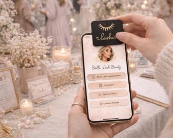 May include: A smartphone displaying the "Bella Lash Beauty" business profile, with options for booking appointments, Instagram, special offers, and reviews. A black tag with "lashes" text and a lash design is held above the phone.