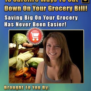 Puede incluir: Imagen promocional con el texto "¡10 formas seguras de reducir tu factura de la compra!" y "¡Ahorrar a lo grande en tu compra nunca ha sido tan fácil!" Una mujer sonríe junto a productos frescos. Se enumera el sitio web FinancePlr.com.