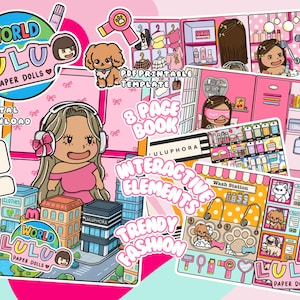 May include: A pink and white paper doll set with the text "WORLD LULU PAPER DOLLS" and "DIGITAL DOWNLOAD". The set includes interactive elements, trendy fashion, and an 8-page book. The set features illustrations of buildings, a wash station, and various accessories.