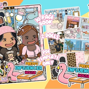 Preppy Influencer Beach House, pelle scura e abbronzata, casa delle bambole di carta, libro digitale stampabile per ragazze, fai da te, casa delle bambole, set di gioco di finzione in formato PDF