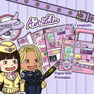 May include: A digital paper doll set titled Air Lulu featuring two characters, one in a yellow flight attendant uniform and one in a dark blue security uniform holding an X-ray scanner, alongside a suitcase graphic and a purple belt design.