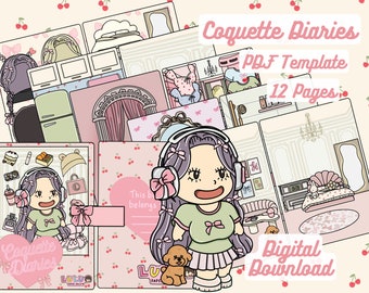 Coquette Diaries White Skin Paper Doll Printable PDF Kitchen Set busy book for girls dress up toy with cute dog Shower Scene Doll House Book