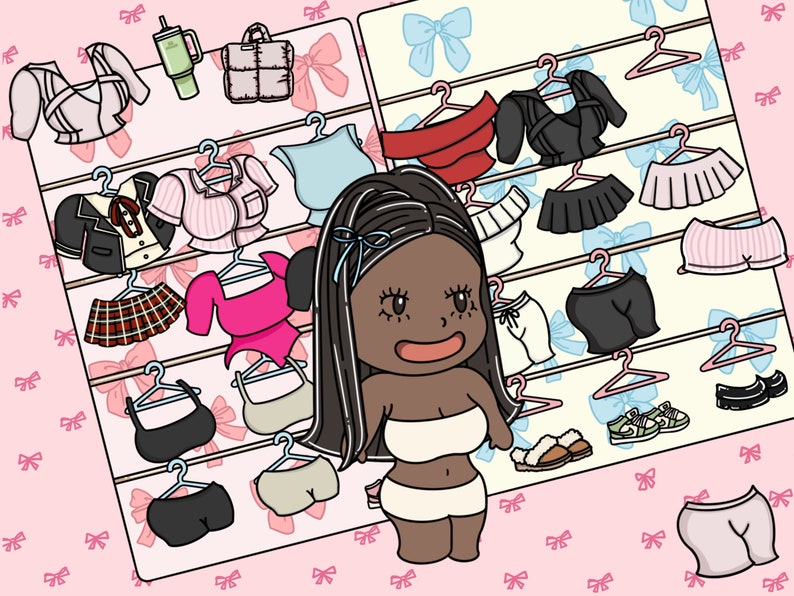 Black girl dark skin Paper doll printable PDF digital download DIY crafts for preteen teen girls and kids busy book aesthetic viral kpop dress up activity fashion tiktok fashion viral