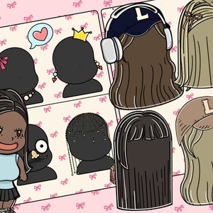 Black girl dark skin Paper doll printable PDF digital download DIY crafts for preteen teen girls and kids busy book aesthetic viral kpop dress up activity fashion hair style