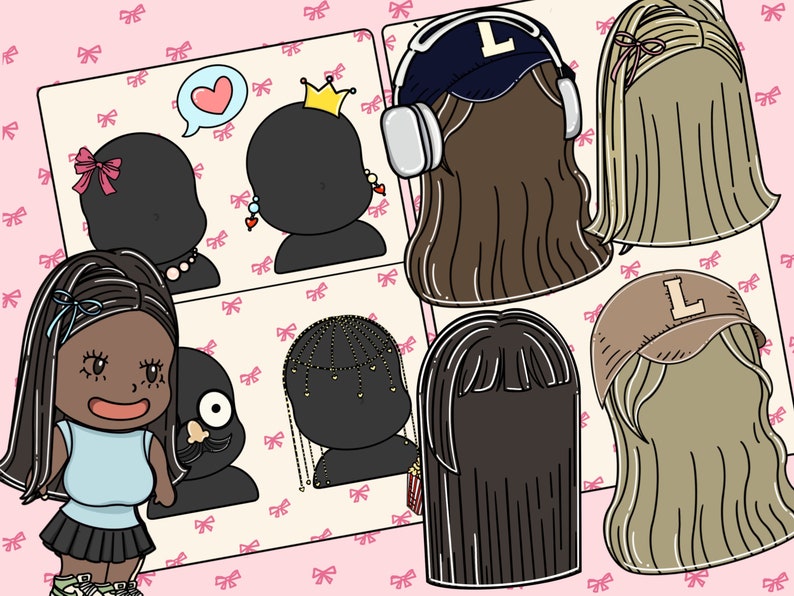 Black girl dark skin Paper doll printable PDF digital download DIY crafts for preteen teen girls and kids busy book aesthetic viral kpop dress up activity fashion hair style