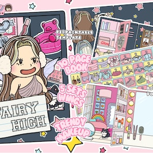 May include: A digital printable paper doll set featuring a fairy character with wings, makeup, and accessories. The set includes 10 pages, 5 sets of wings, and trendy makeup options. The image includes the text "Fairy High", "PDF Printable Template", "10 Page Book", "5 Sets Wings", "Trendy Makeup", and "Digital Download".