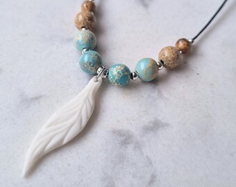 White Feather Necklace: Jasper Gemstone Beaded Boho Jewelry