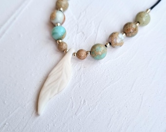 White Feather Jasper Necklace: Handmade Boho Beaded Healing Stone