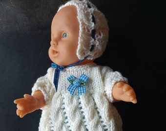 Hand Knitted Outfit for an 11" - 12" Reborn Baby or Doll - Tunic Shorts Bonnet and Boots