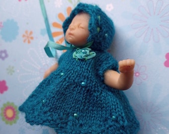 Knitted Dolls Clothes 4.5 inch ashton drake or ooak sculpt - peacock blue dress set, Heavenly Handful