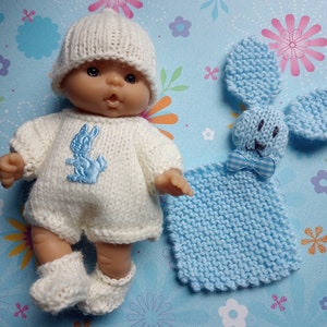 Knitted Dolls Clothes 5 inch chubby berenguer, Romper set with bunny lovey image 1