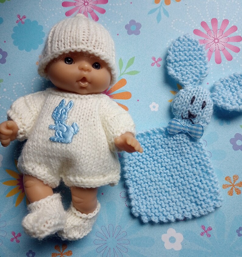 Knitted Dolls Clothes 5 inch chubby berenguer, Romper set with bunny lovey image 1