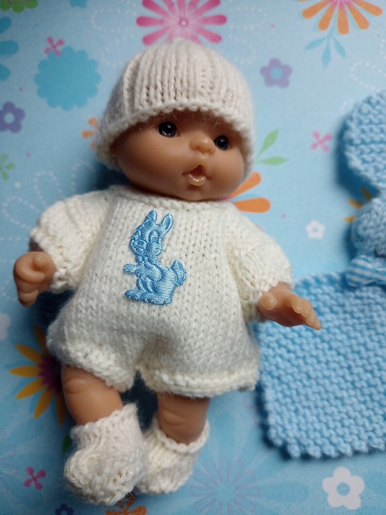 Knitted Dolls Clothes 5 inch chubby berenguer, Romper set with bunny lovey image 3