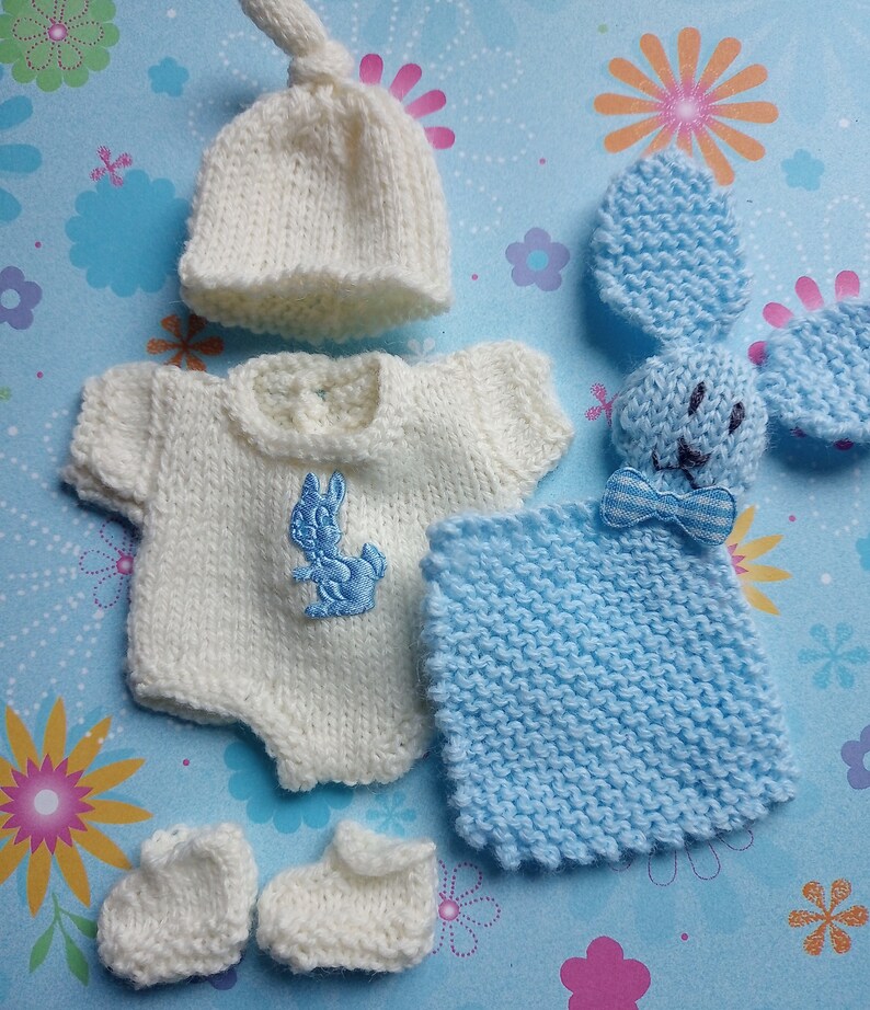 Knitted Dolls Clothes 5 inch chubby berenguer, Romper set with bunny lovey image 5